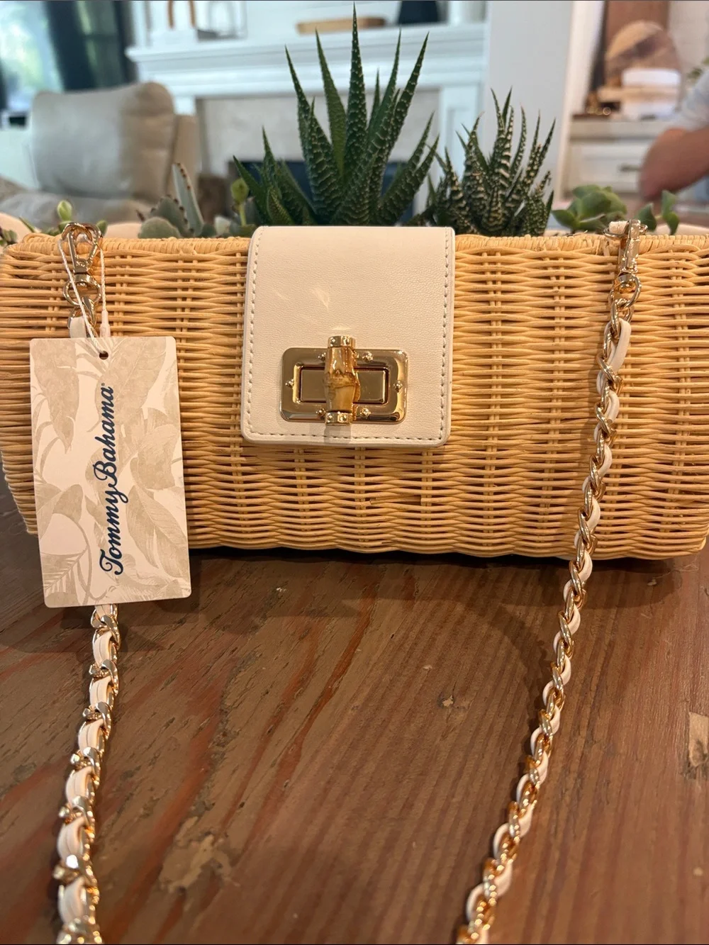 Tommy Bahama Natural Straw Crossbody with White Leather Flap and Gold Chain